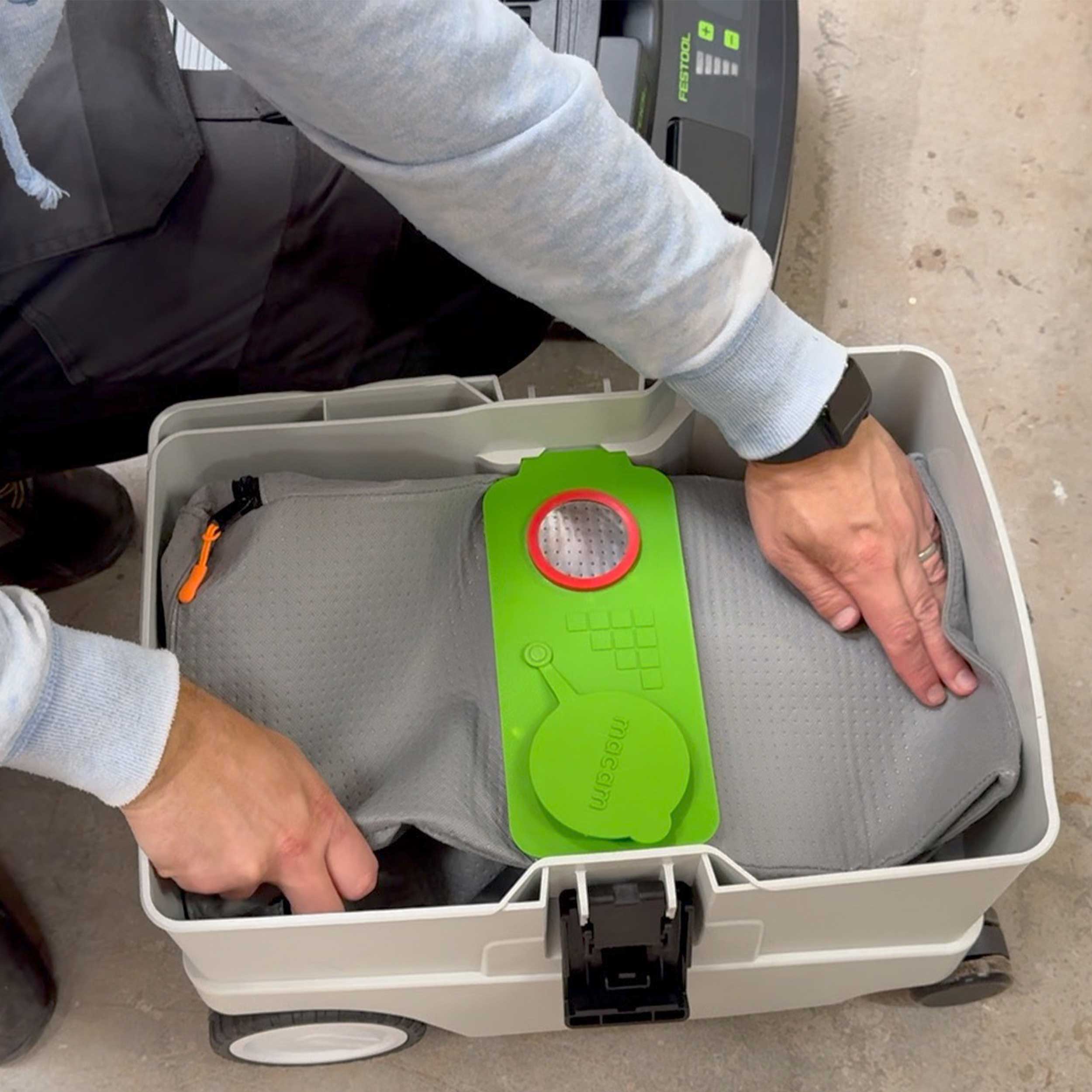 Reusable dust bag for Festool CT 25 laid flat showing full bag shape