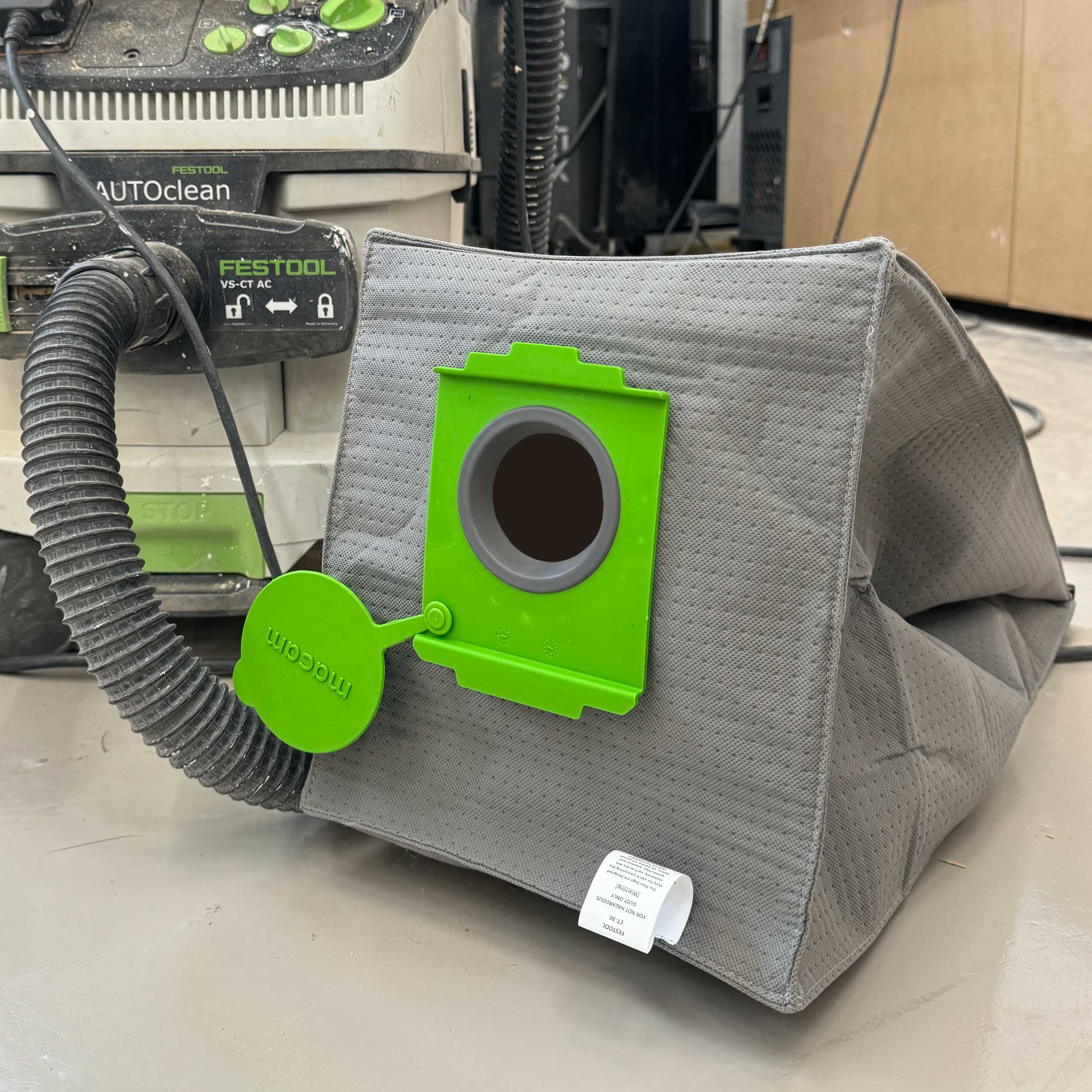Reusable dust bag for Festool CLEANTEC 36 shown with dust extractor accessories